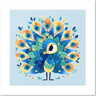 Geometrical Colorful Peacock, Adorable Kawaii Simple Mosaic Bird Posters and Art